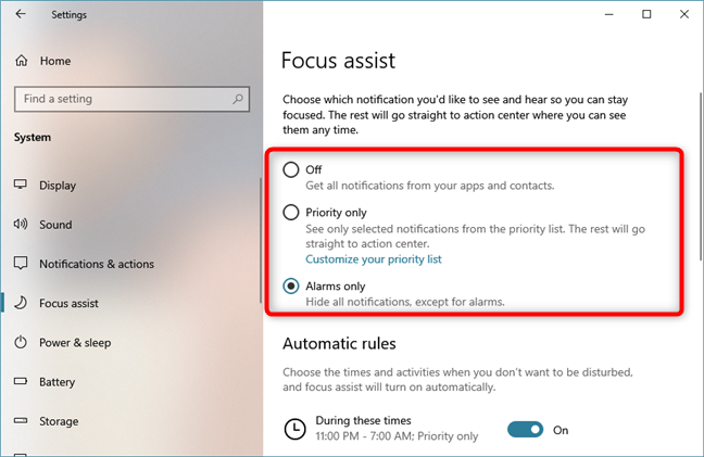 Turning Focus assist on from the Settings app