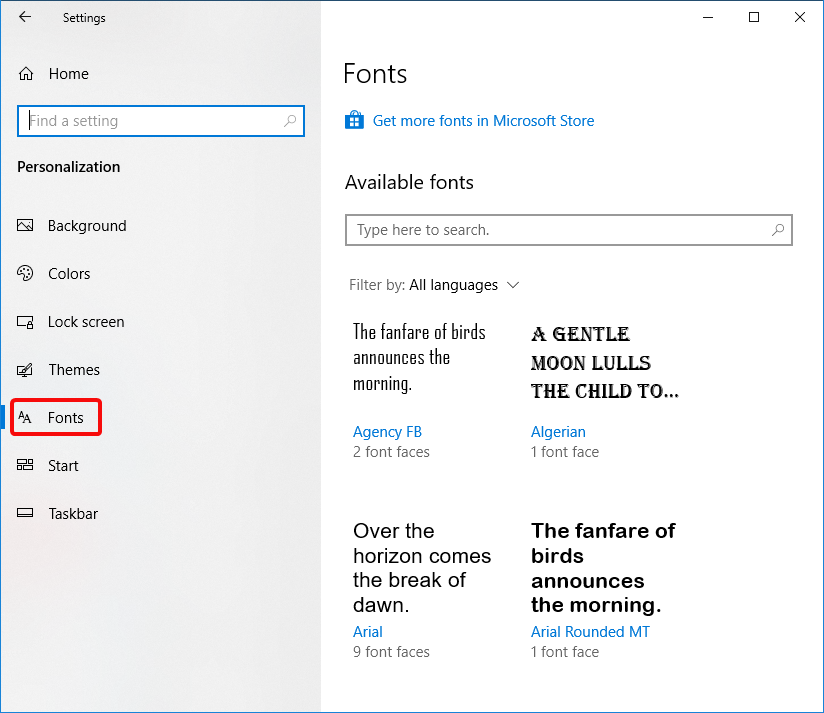 Remove font. Windows 10 fonts.