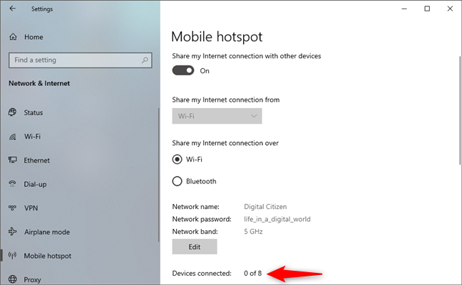 The number of Devices connected to the Windows 10 hotspot