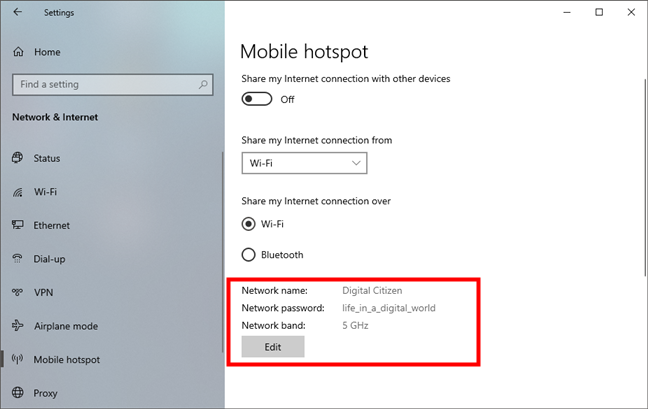 A Windows 10 hotspot with custom settings
