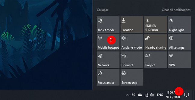 Turning on the Windows 10 hotspot from the Action Center