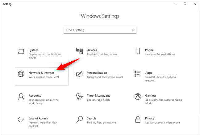 The Network &amp; Internet category from the Settings app