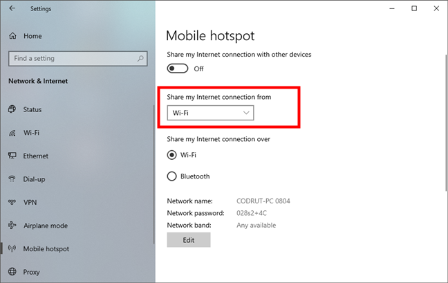 The list of available internet connections for the Windows 10 hotspot