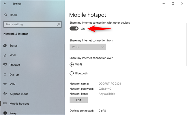 Enable the Windows 10 hotspot