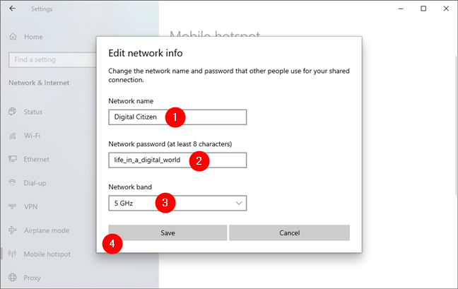 The settings of the personal Windows 10 hotspot