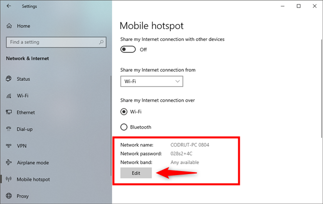 Choosing to Edit the settings of the Windows 10 hotspot