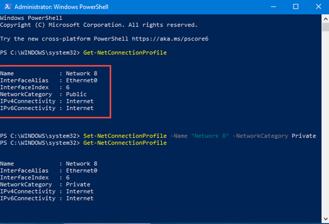 change network profile windows 10 powershell