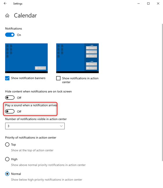 The switch to play a sound when a notification arrives in Windows 10