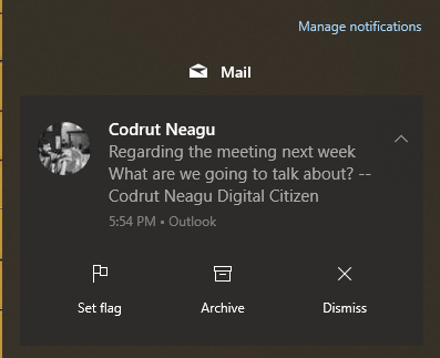 Notifications shown in the Windows 10 Action Center