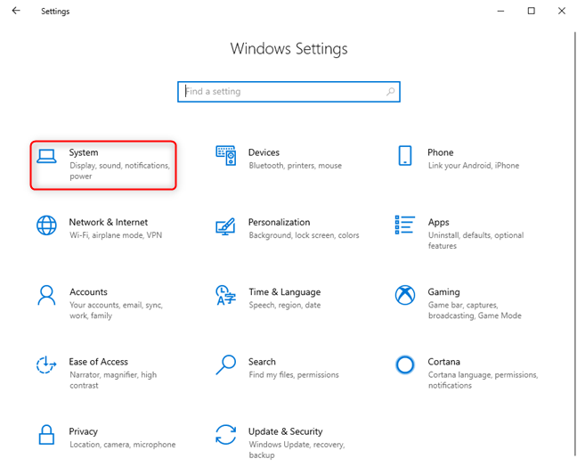 Windows 10 Settings -&gt; Go to System