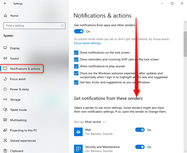 Windows 10 Settings -&gt; Scroll to Get notifications from these senders