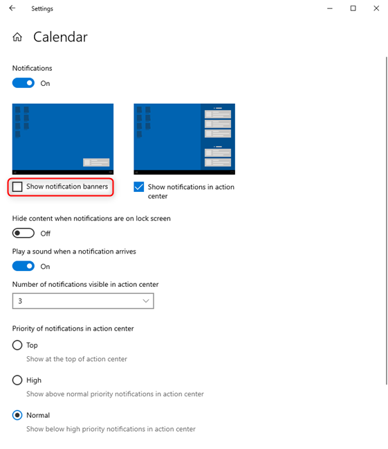 Uncheck the setting for Show notification banners in Windows 10