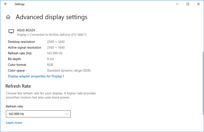 Windows 10 October 2020 Update: Monitor refresh rate is available in Settings