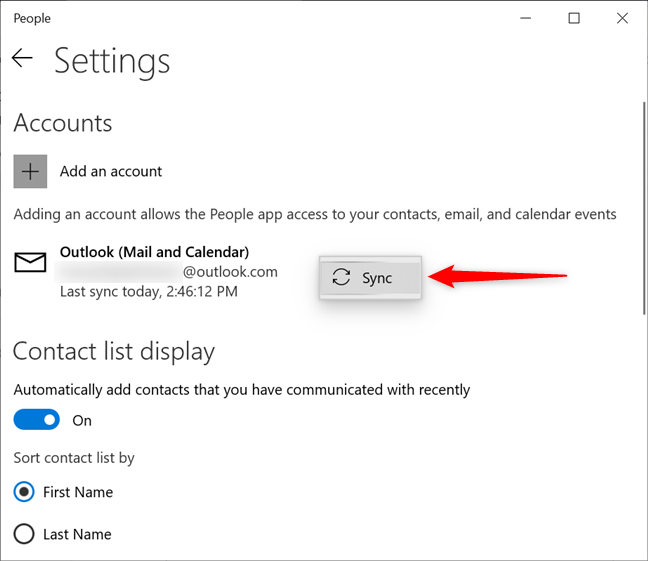 Syncing your account with the People app in Windows 10