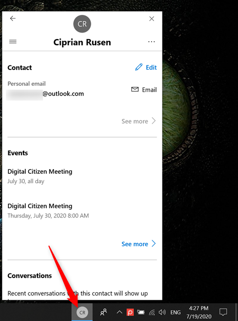 Press on a pinned contact for more options and details