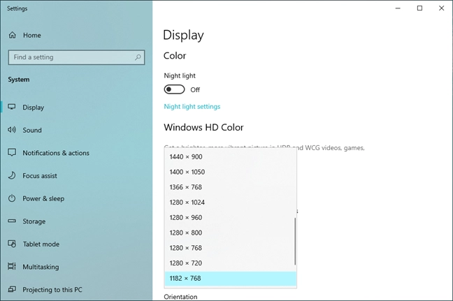 The list of available resolutions in Windows 10