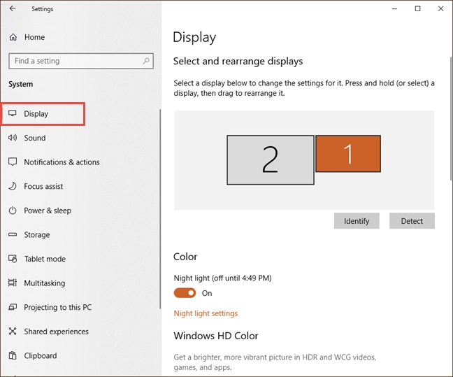 The Display settings in Windows 10