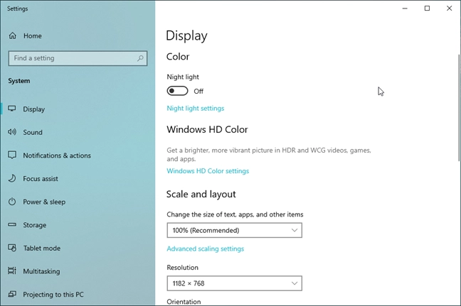 Display settings in Windows 10
