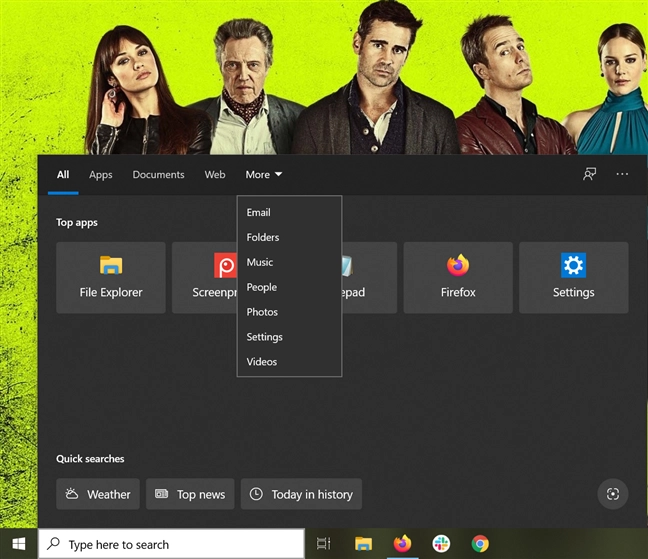The Search screen from Windows 10 lets you choose a category