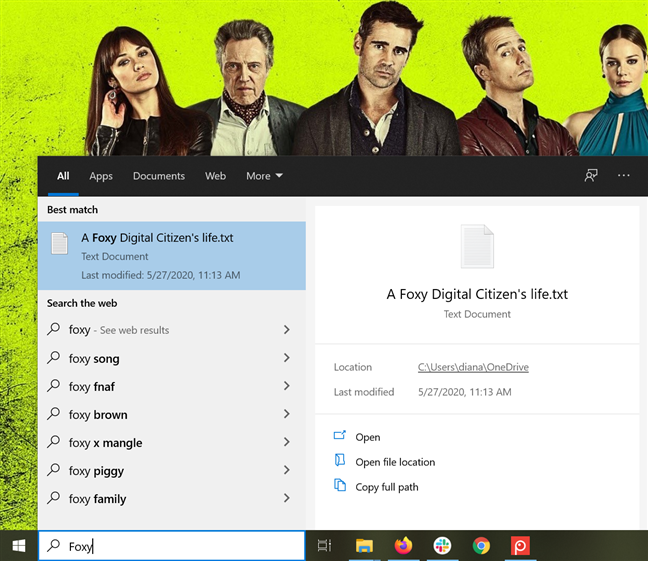 The Windows 10 Search reveals a document from OneDrive