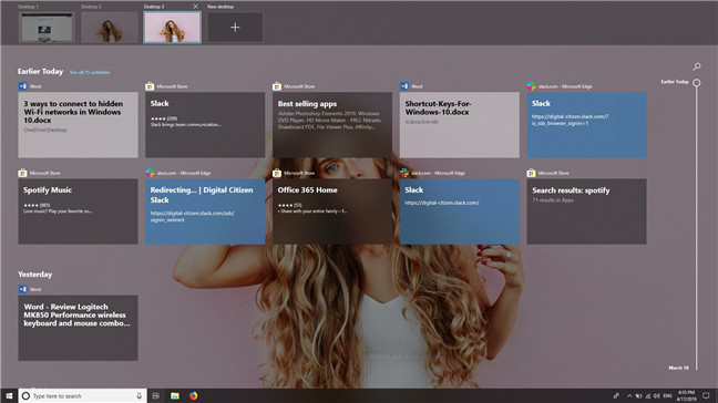Past activities shown in the Timeline from Windows 10