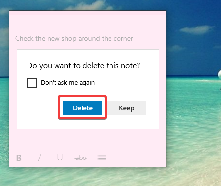 Confirm the deletion of a note in Sticky Notes