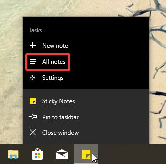 Open All notes from the taskbar