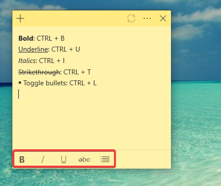Text formats and the keyboard shortcuts available in Sticky Notes