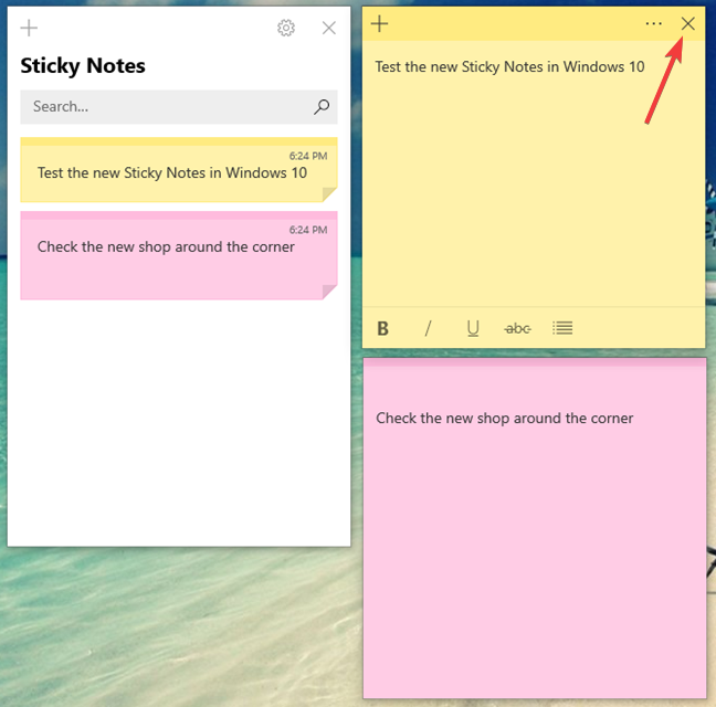 The Exit button to close a note in Sticky Notes