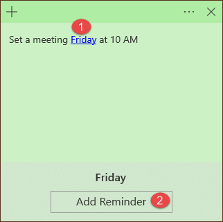 Cortana insight for setting a reminder in Sticky Notes