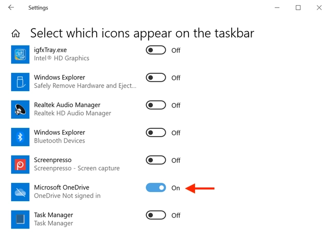 Turn on the OneDrive switch to show it on your taskbar