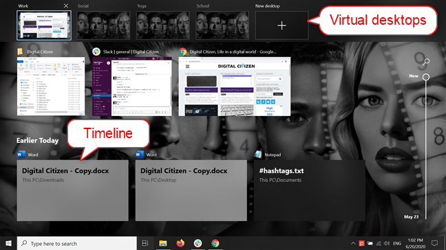 Timeline and virtual desktops on the Task view screen