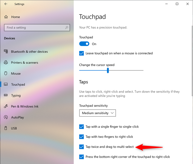 Touchpad setting for tap twice and drag to multi-select