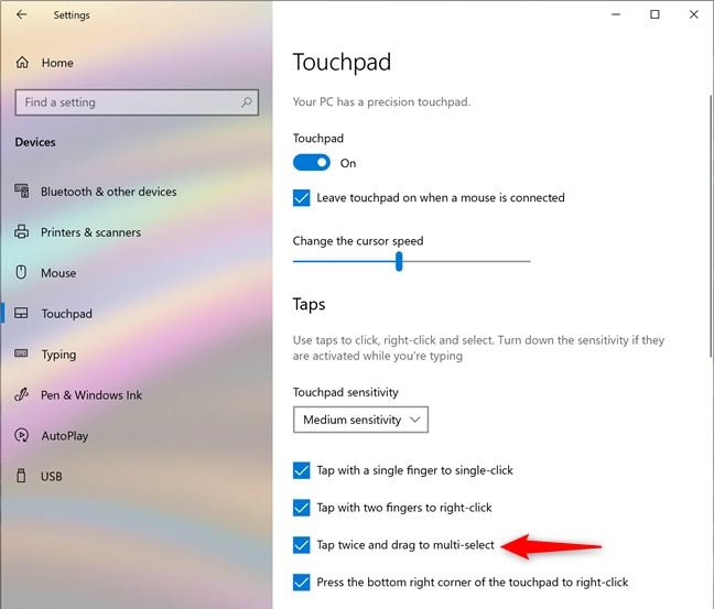 Touchpad setting for tap twice and drag to multi-select