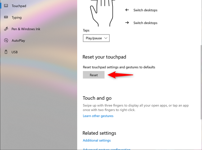 Reset touchpad settings