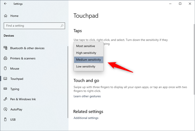 The list of sensitivity levels available for a touchpad