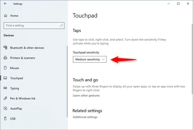 The Touchpad sensitivity setting