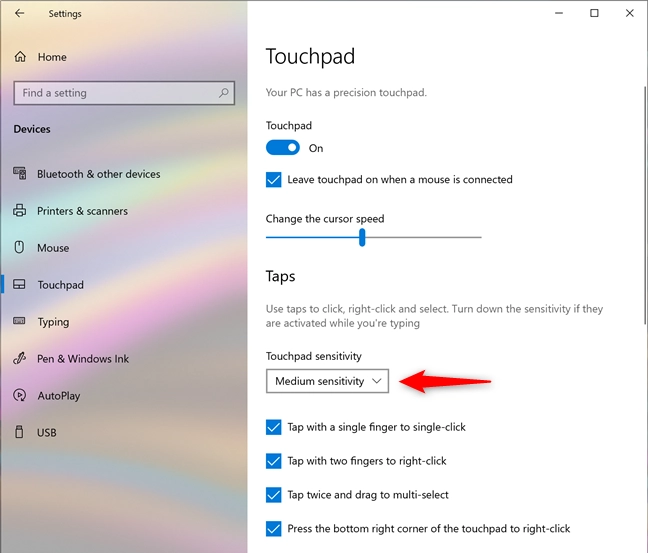 The setting that controls Touchpad sensitivity