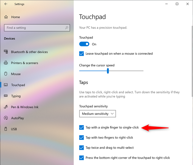 Set the touchpad to interpret a single-finger tap as a single-click