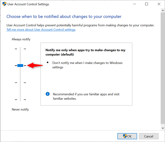 The slider is set to Notify me only when apps try to make changes to my computer