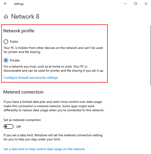 The network profile in Windows 10