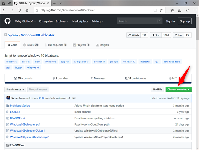 Clone or download Windows 10 Debloater