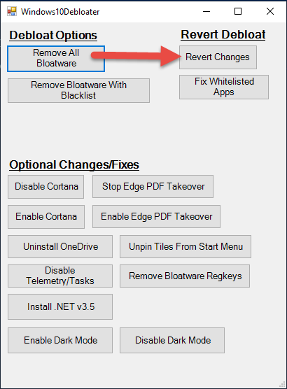 Revert Changes in Windows 10 Debloater