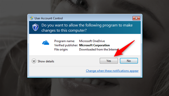 The UAC prompt shown when trying to install OneDrive