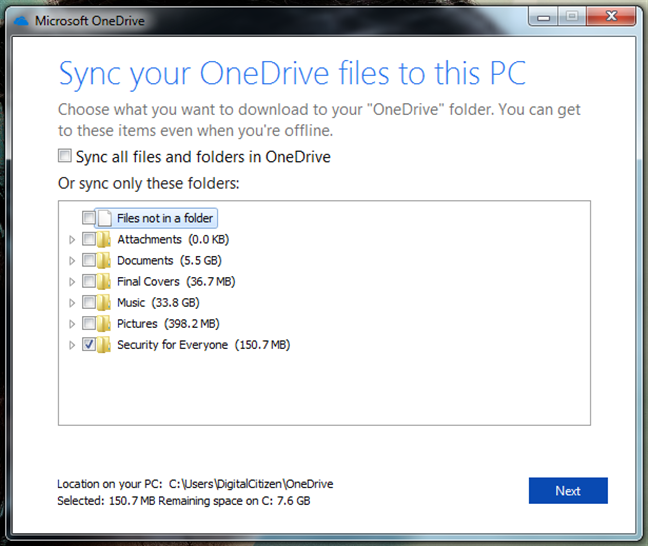 Choosing the folders that are synced with OneDrive