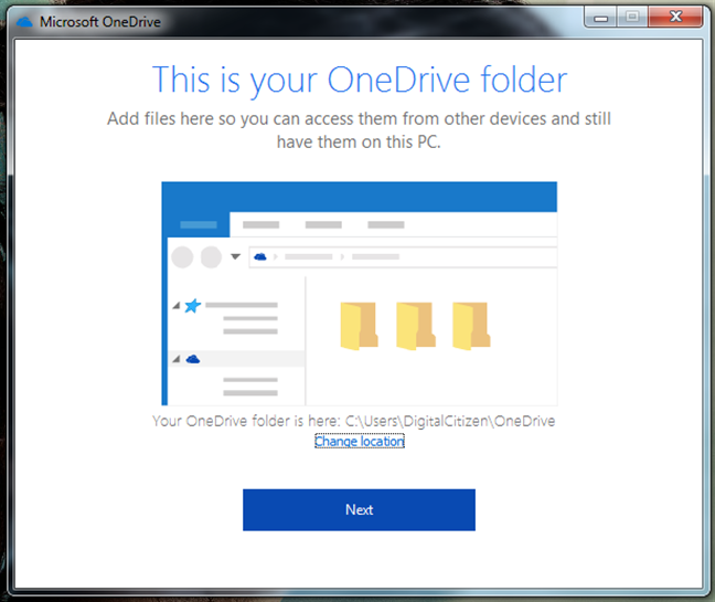 The location of the OneDrive folder