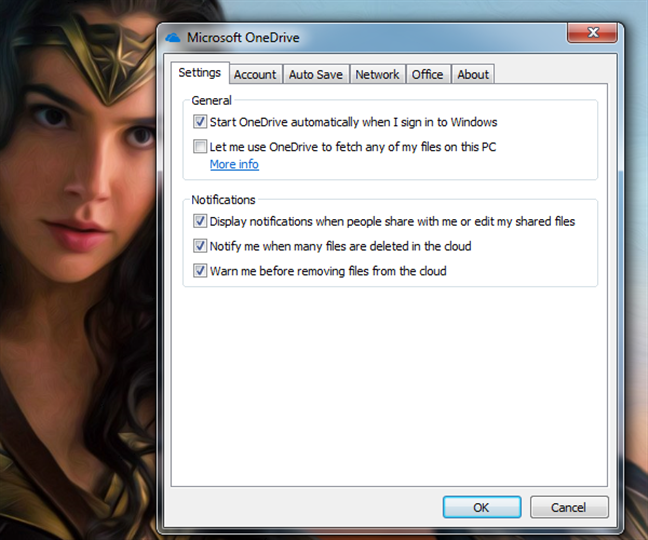 The main settings available in OneDrive for Windows 7