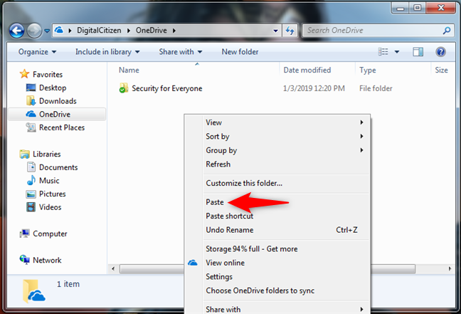 Copy and paste files or folders in OneDrive for Windows 7