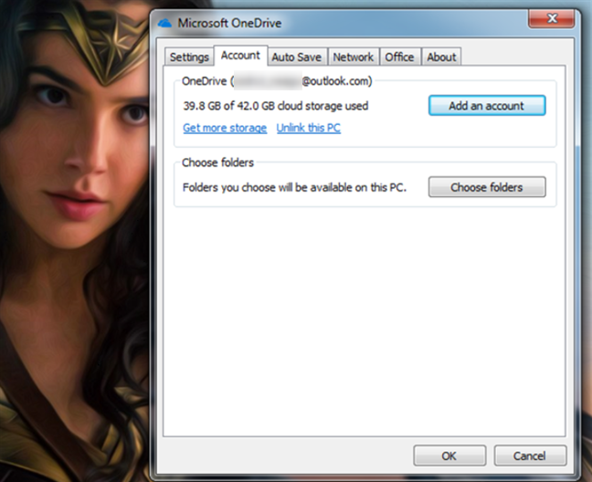 The account related settings in OneDrive for Windows 7
