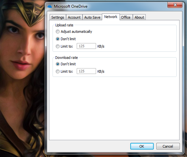 The download and upload speed limits from OneDrive for Windows 7